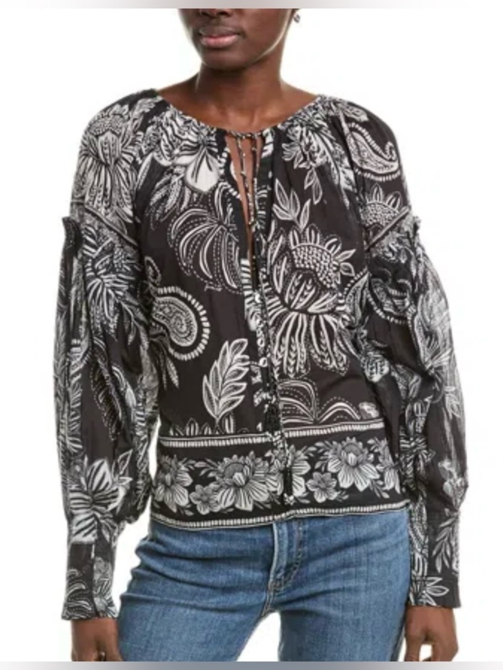 FARM Rio Paisley Bloom Cotton Trapeze Top Black and White Size XS